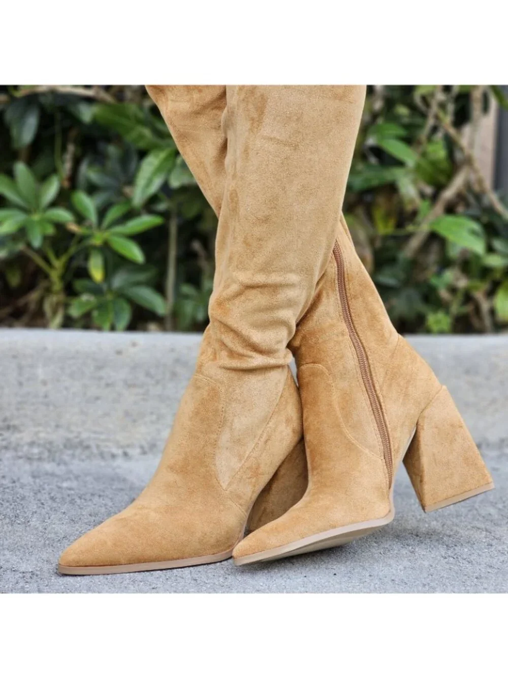 Women's Tan Over The Knee pointed Chunky Block Heel Boots